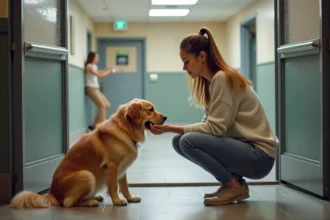 Femme disant au revoir à son chien dans une pension moderne