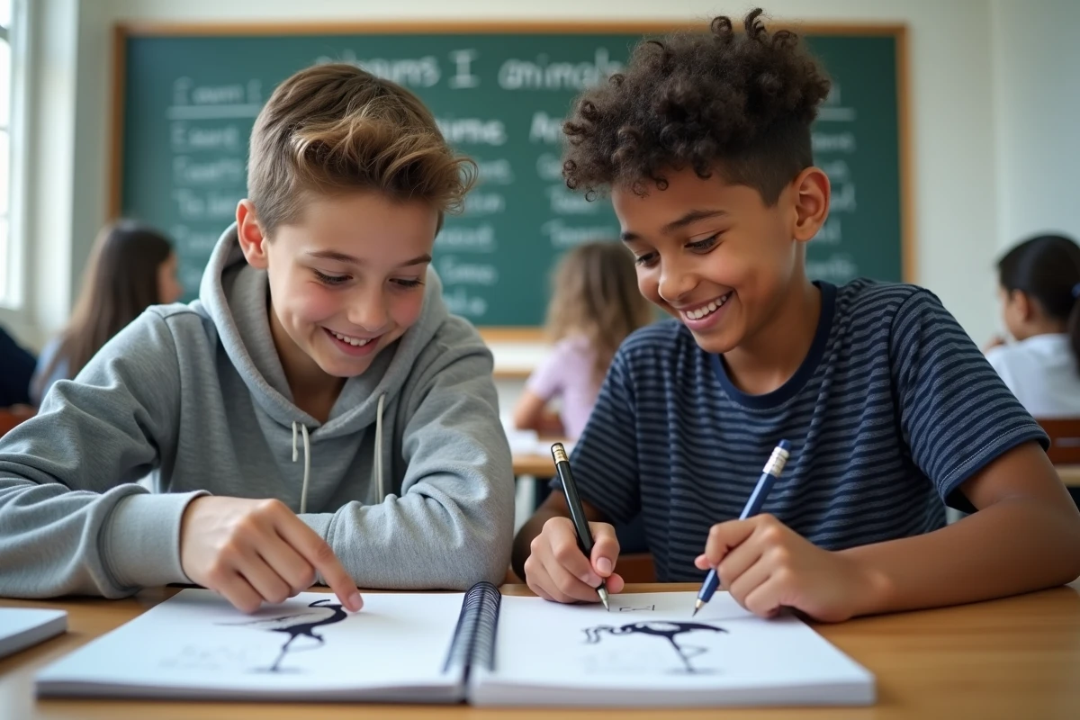 Deux adolescents travaillant ensemble sur une fiche de vocabulaire bilingue sur les animaux en I en classe