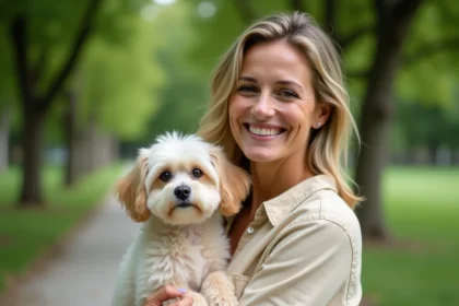 Femme tenant un petit chien à adopter dans un parc près de Langon