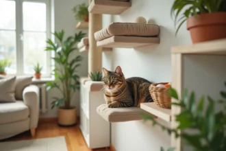 Chat tigré se reposant sur une étagère murale dédiée dans un salon aménagé pour le bien-être félin