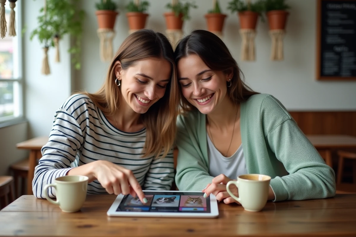 Deux amies passionnées de chats partageant des photos félines sur une tablette dans un café chaleureux