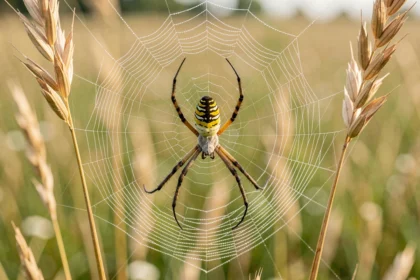 Araignée Argiope bruennichi au centre de sa toile couverte de rosée dans une prairie naturelle