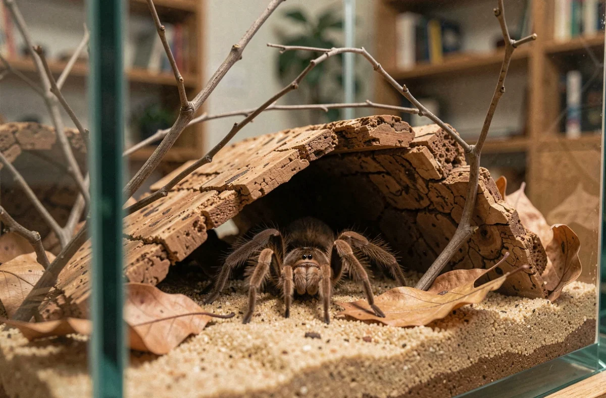 Araignée recluse brune en captivité dans un terrarium naturalisé avec écorce et substrat sableux