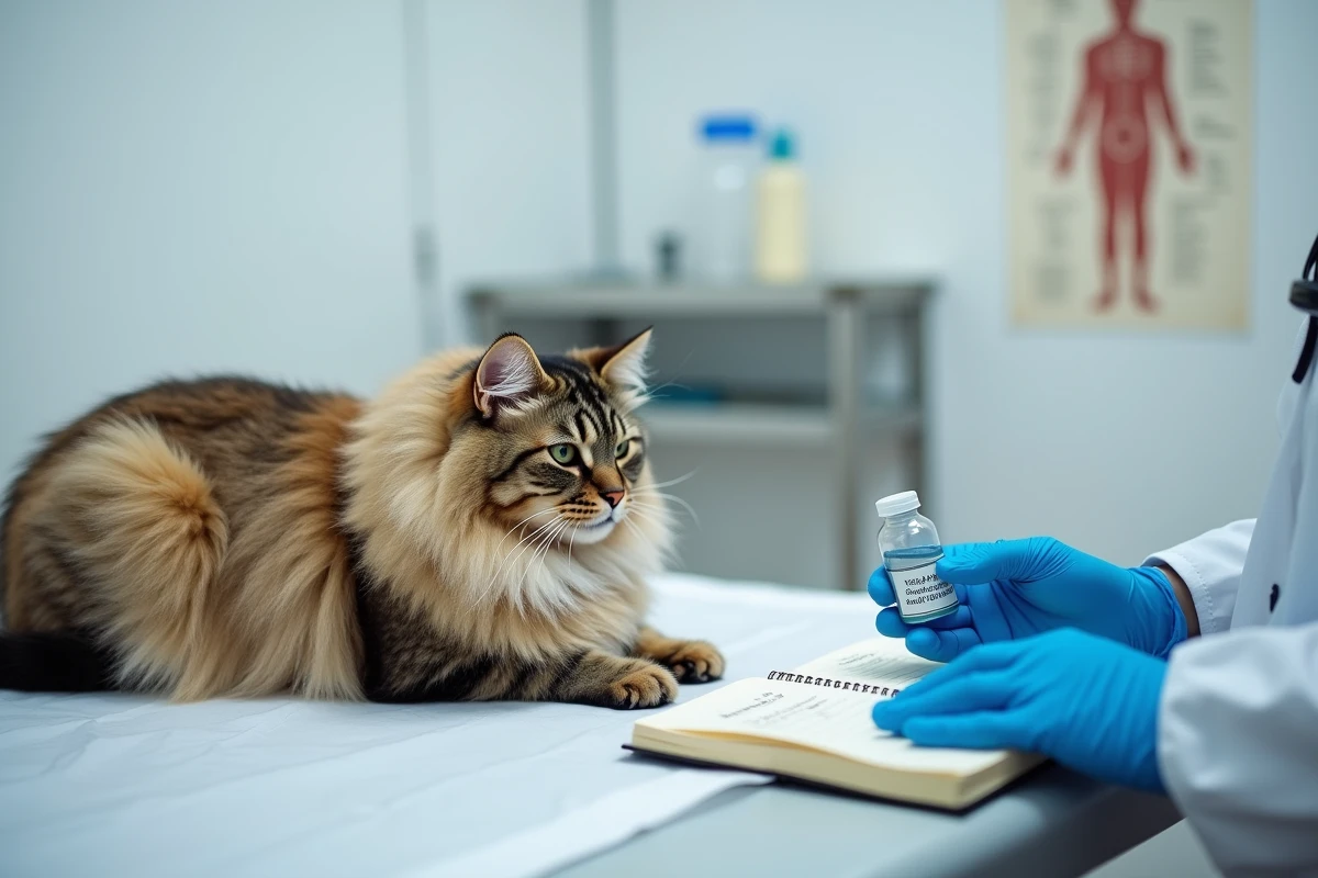 Vétérinaire examinant un flacon d'argent colloïdal devant un chat Maine Coon sur une table de consultation