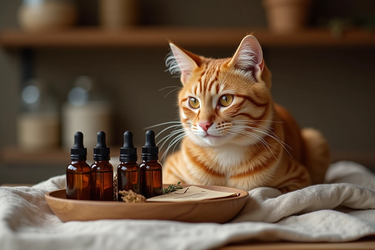 Chat roux aux yeux ambrés assis près de petits flacons de remèdes naturels dont de l'argent colloïdal sur tissu de lin