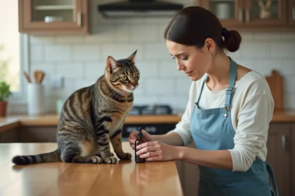 Femme lisant l'étiquette d'un flacon d'argent colloïdal posé près d'un chat tigré sur un comptoir de cuisine