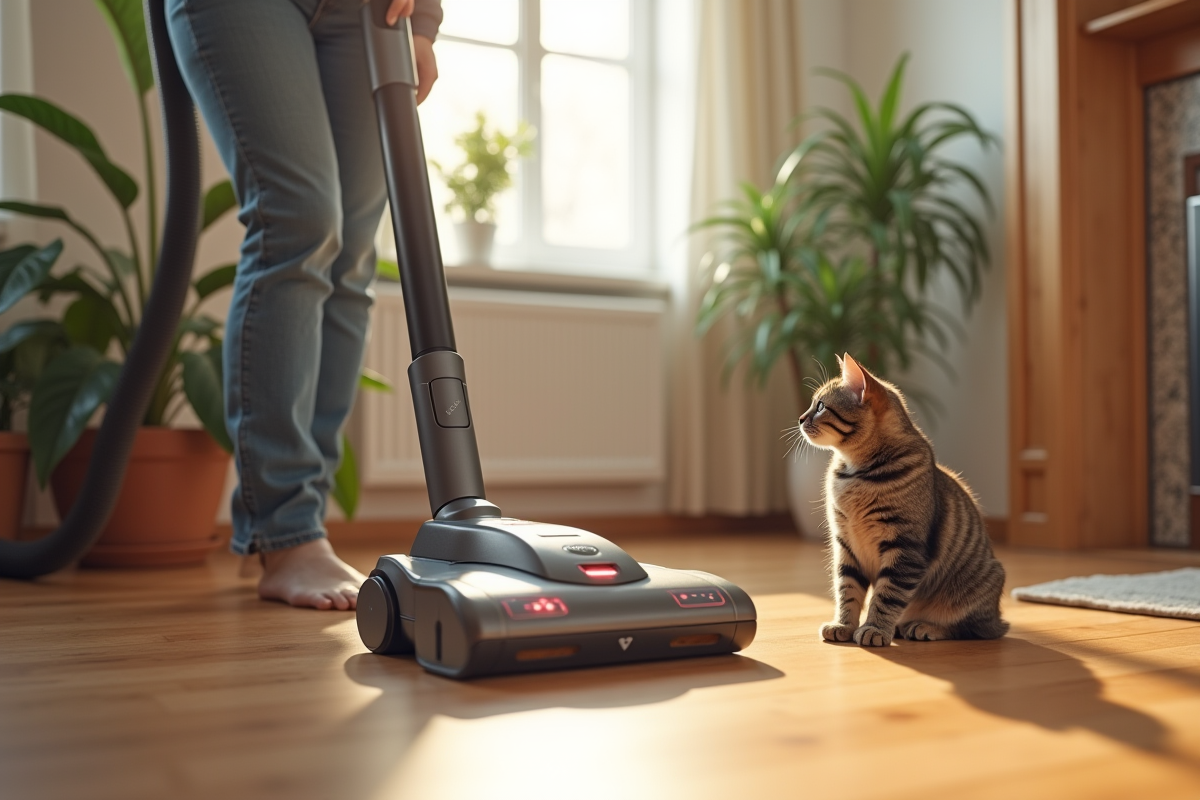 Aspirateur moderne utilisé sur un sol en bois avec un chat attentif