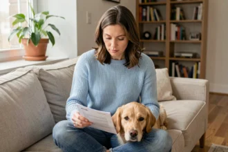 Femme consultant des documents d'assurance chien sans franchise avec son golden retriever sur le canapé