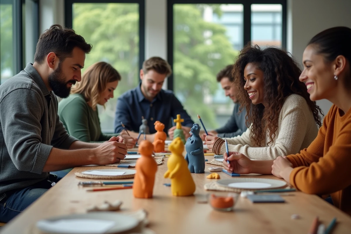 Groupe d'adultes créant des figurines animales en atelier