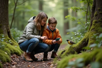 Mère et enfant observant un oiseau en forêt avec une application de reconnaissance sur smartphone pendant une balade nature