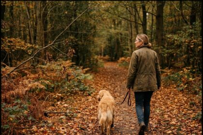 Femme se promenant en forêt avec son chien golden retriever en automne, portant des lunettes de protection transparentes contre les branches