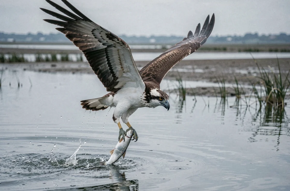 Balbuzard pêcheur plongeant dans un estuaire côtier pour attraper un poisson, ailes déployées et gouttelettes d'eau gelées
