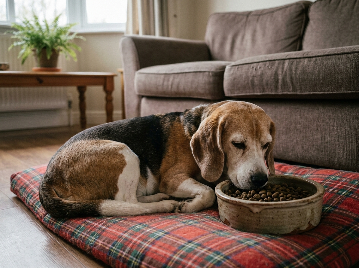 Vieux beagle allongé sur son coussin avec une gamelle de croquettes médicalisées dans un salon chaleureux