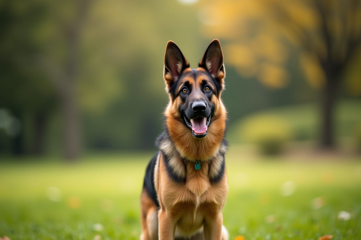 Chien berger allemand debout dans un parc ensoleille