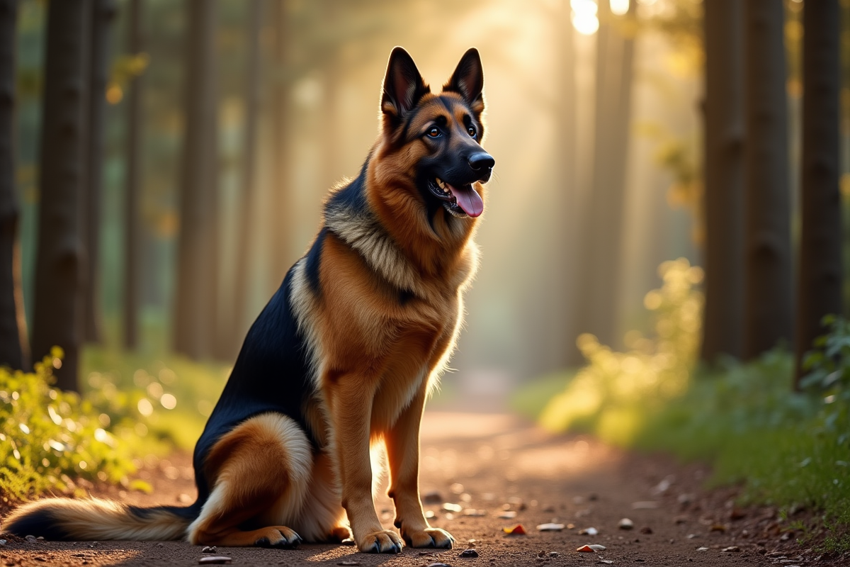 Berger allemand assis sur un sentier forestier ensoleille