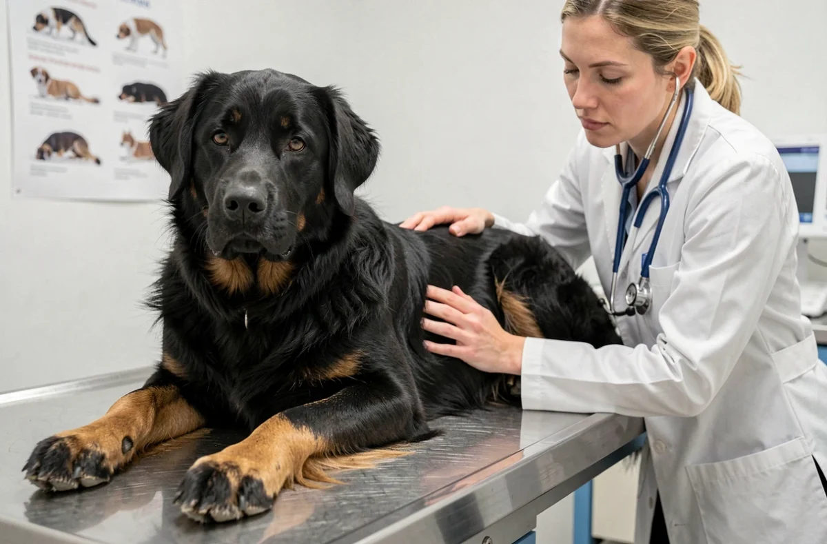 Examen clinique d'un Berger Suisse Noir chez le vétérinaire pour prévention des maladies