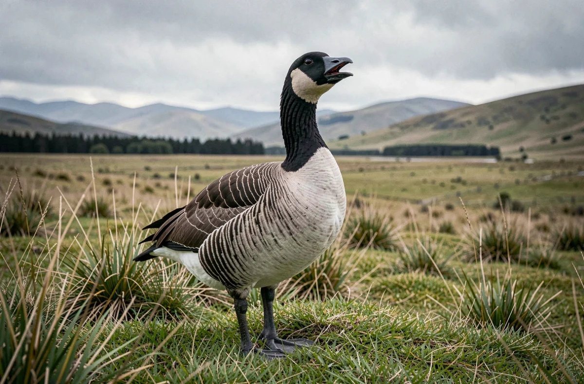Bernache de Magellan aux plumes noir et blanc dans une prairie patagonienne, oiseau commençant par la lettre U