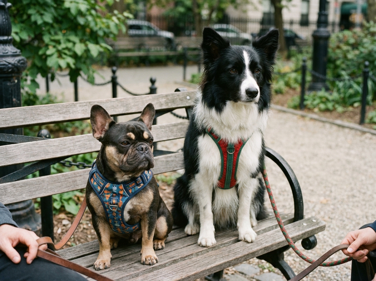 Bouledogue français et border collie assis côte à côte dans un parc, illustrant les différences de races à prendre en compte pour bien choisir son assurance chien