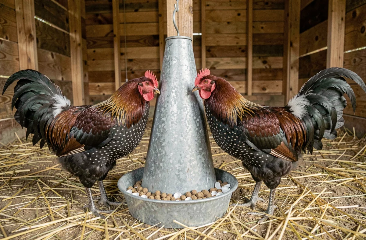 Poules et coq Brahma se nourrissant de granulés protéinés dans un poulailler en bois