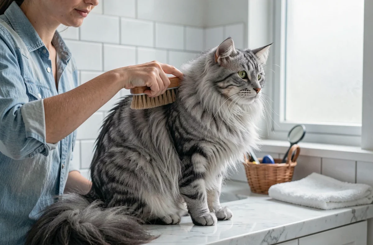 Femme utilisant une brosse douce pour démêler les poils longs d'un chat des forêts norvégiennes dans une salle de bain