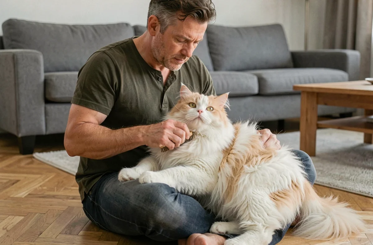 Homme brossant un chat persan blanc aux poils longs assis sur ses genoux dans un salon