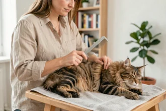 Femme brossant délicatement un chat Maine Coon aux poils longs sur une table de toilettage à la maison