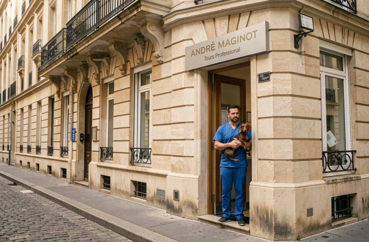 Cabinet vétérinaire avenue André Maginot à Tours avec un vétérinaire tenant un teckel devant l'entrée