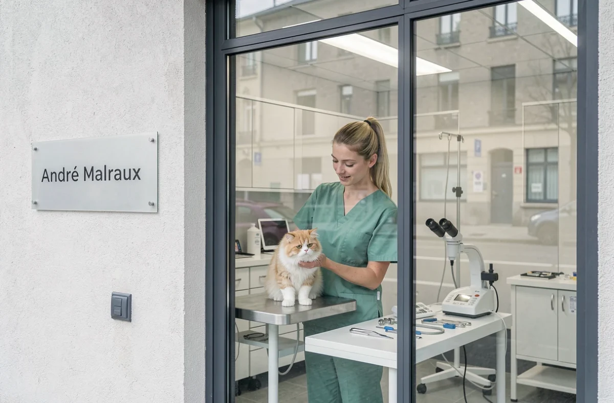 Cabinet vétérinaire avenue André Malraux à Tours avec une vétérinaire examinant un chat persan dans la salle de consultation