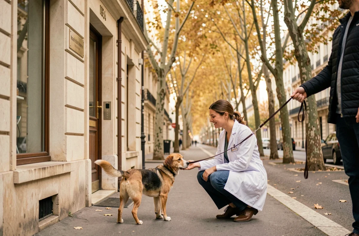 Cabinet vétérinaire boulevard Béranger à Tours avec une vétérinaire accueillant un chien sur ce boulevard haussmannien