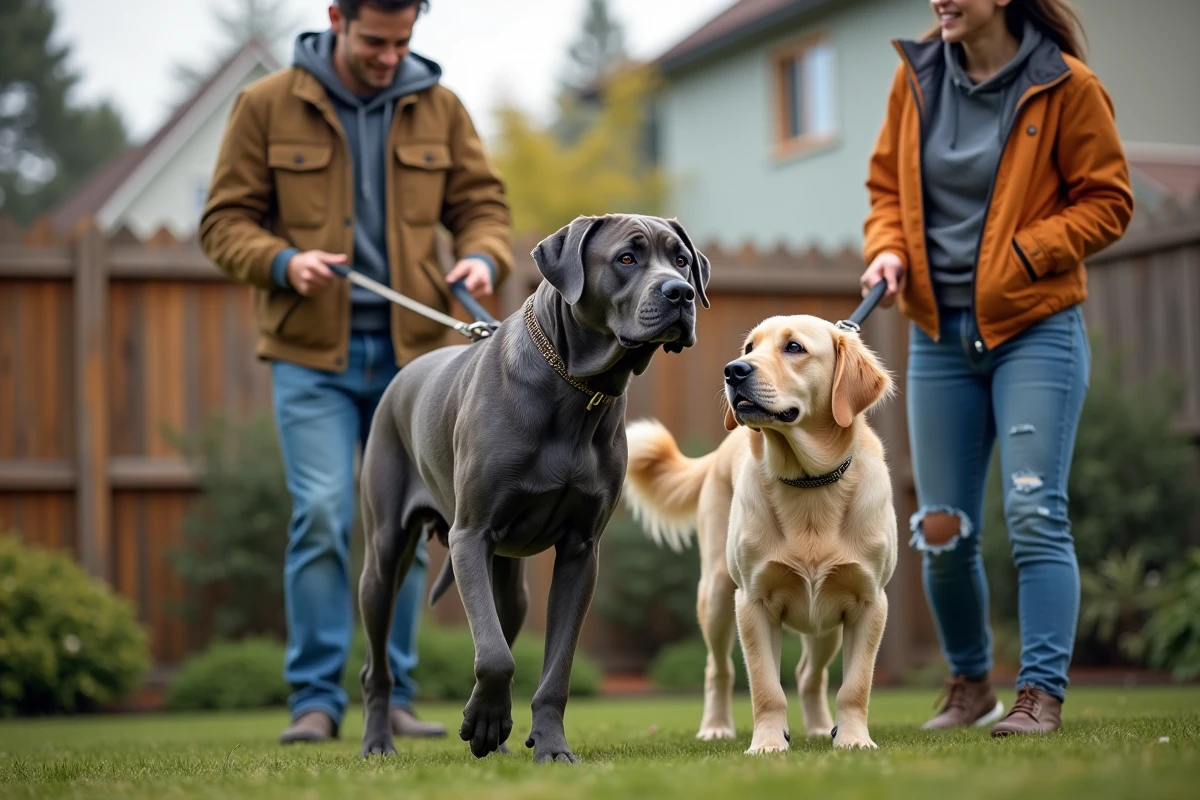 Deux adolescents avec chiens Cane Corso et Golden Retriever