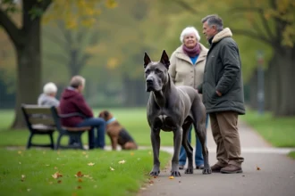 Chien Cane Corso bleu avec une femme âgée dans un parc
