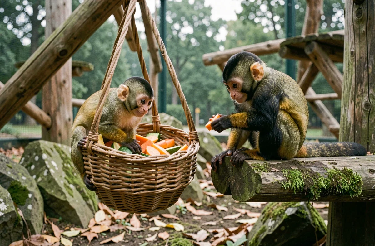 Deux jeunes singes capucins explorant un panier tressé rempli de légumes dans un enclos extérieur enrichi