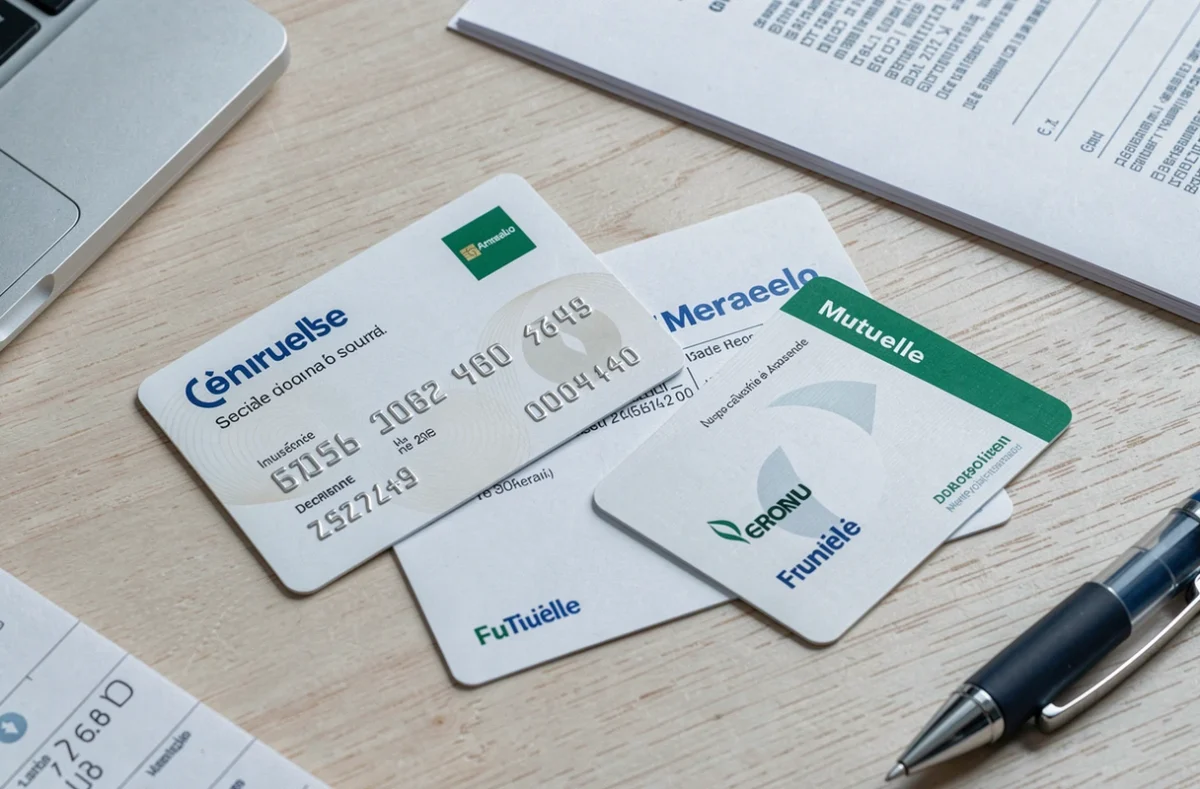 Carte Vitale et carte de mutuelle posées côte à côte sur un bureau en bois avec un stylo