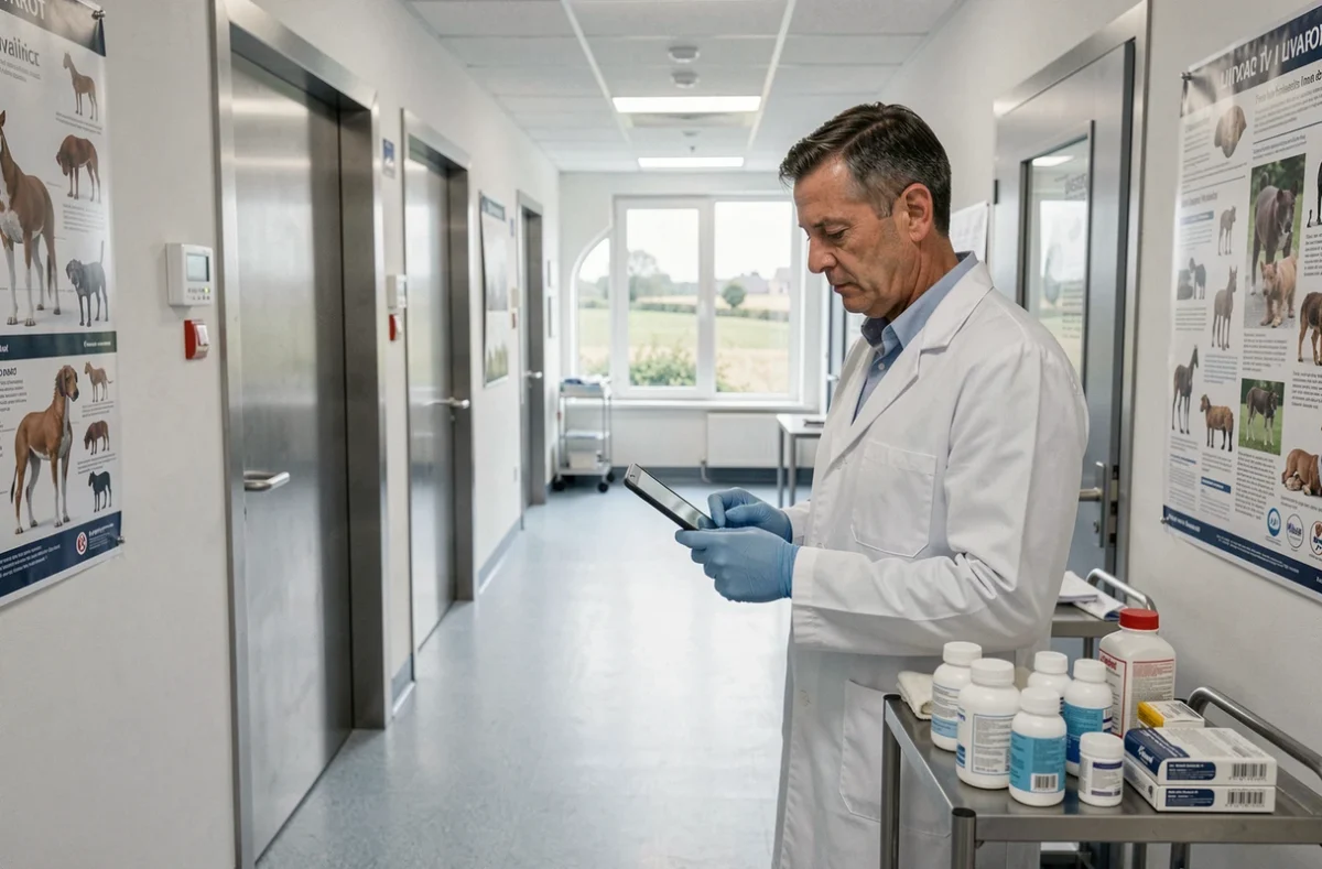 Un vétérinaire du Centre hospitalier vétérinaire de Livarot consulte une tablette dans le couloir de l'établissement