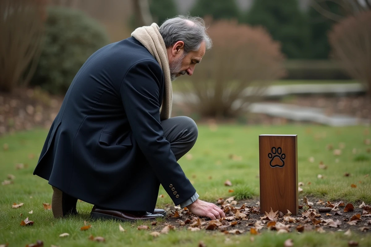 Homme agenouillé devant un monument funéraire pour chien dans un jardin en automne lors d'une cérémonie d'hommage