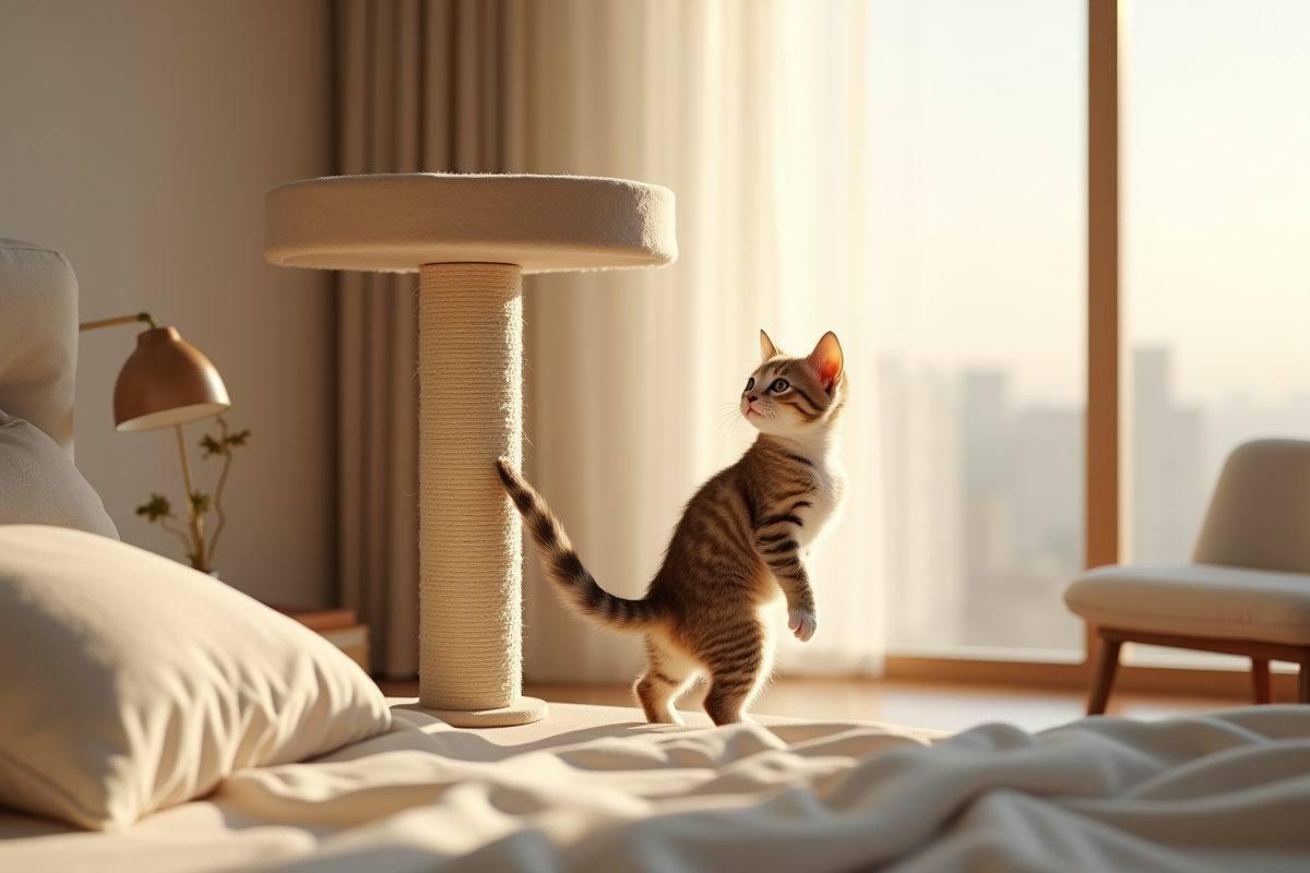 Chambre minimaliste avec arbre à chat et chaton joueur
