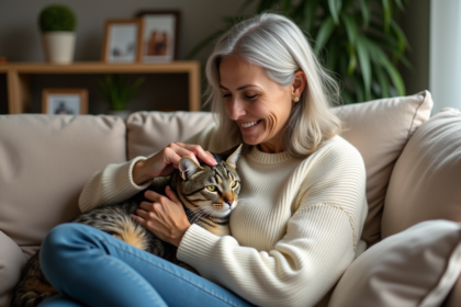 Chat âgé avec femme dans un salon chaleureux
