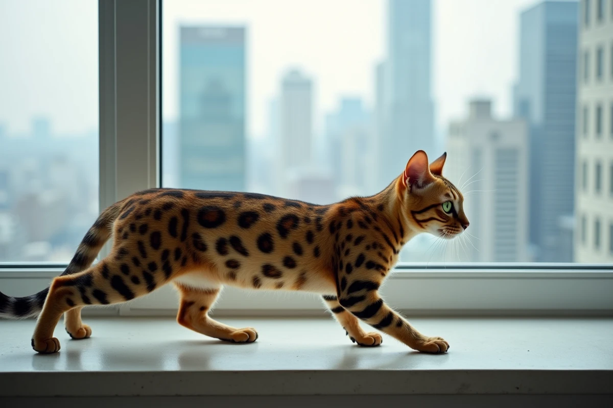 Chat Bengal aux rosettes dorées allongé sur un rebord de fenêtre avec vue sur la ville
