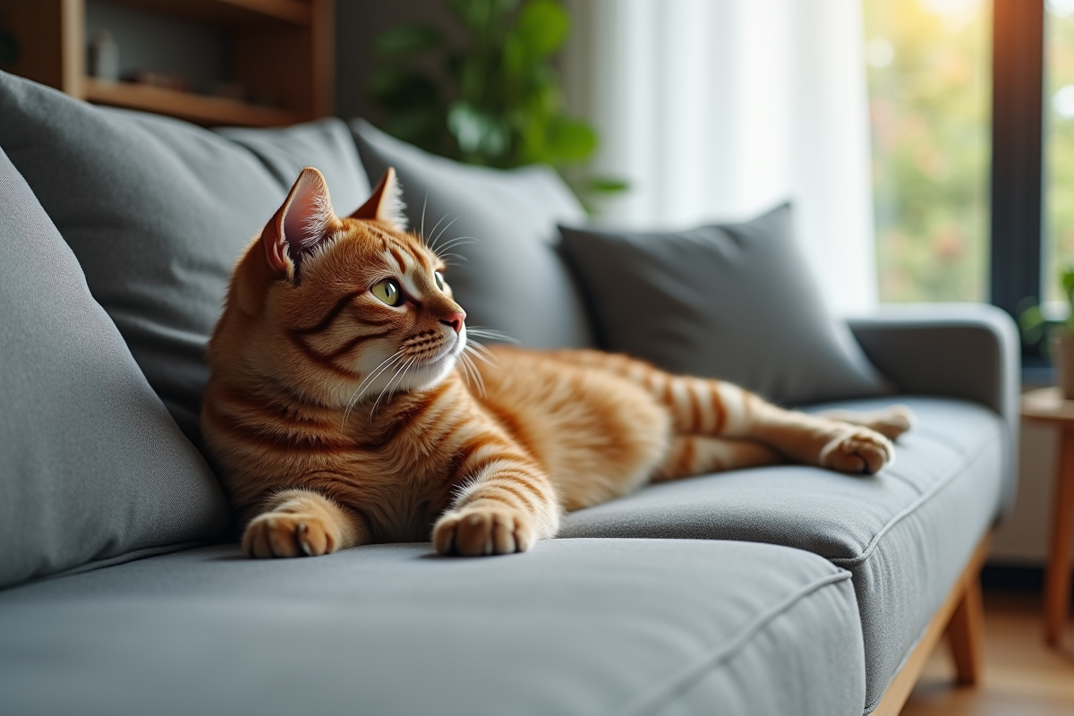 Chat british shorthair brun sur un canapé gris dans un salon lumineux