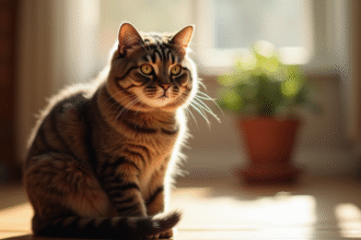 Chat british shorthair brun sur un sol en bois ensoleille