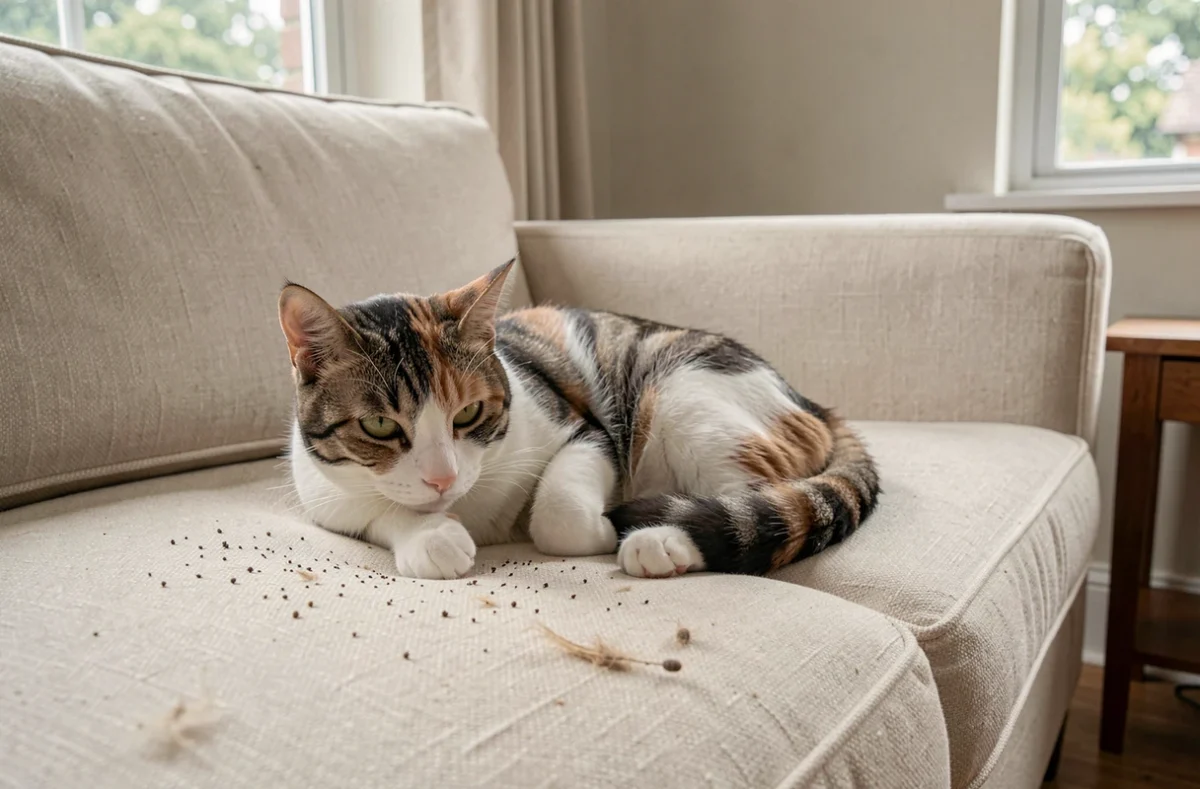 Chat domestique sur canapé avec crottes de puces visibles sur le tissu, révélant un nid d'infestation dans la maison