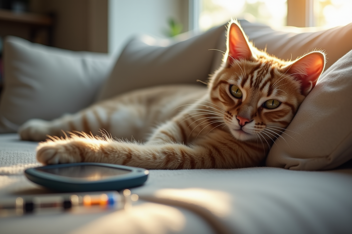 Chat détendu à la maison près d’un glucomètre et stylo à insuline