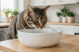 Chat tigré adulte reniflant une fontaine à eau pour chat en céramique blanche sur un plan de travail en bois clair dans une cuisine moderne