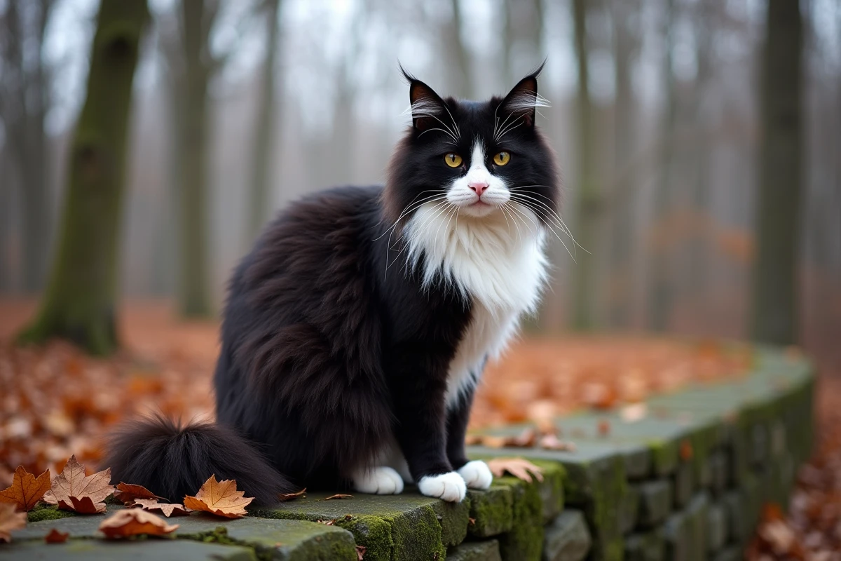 Chat des forêts norvégiennes bicolore posé sur un muret moussu en forêt automnale