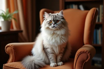 Chat persan blanc aux yeux cuivrés assis sur un fauteuil en velours, incarnant l'élégance féline