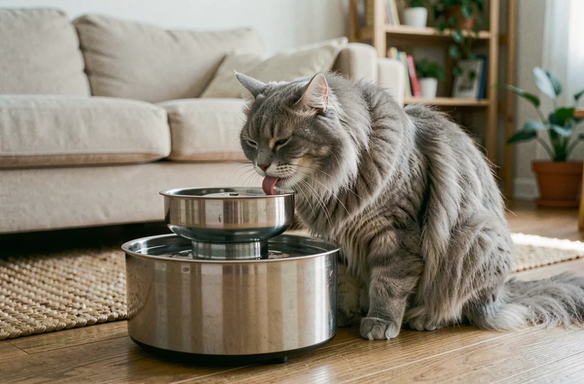 Chat persan gris buvant dans une fontaine à eau en acier inoxydable à plusieurs niveaux posée sur un parquet dans un salon chaleureux