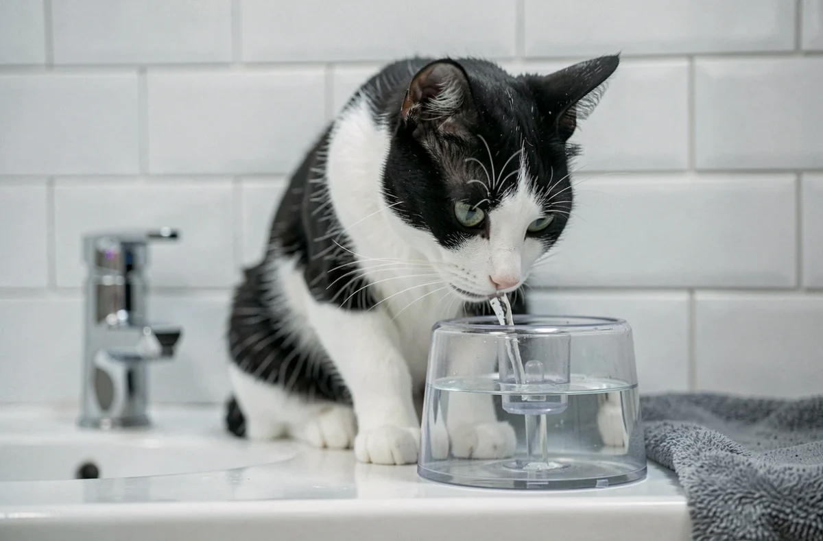 Chat bicolore noir et blanc buvant dans une fontaine à eau compacte sur une étagère de salle de bain, robinet ouvert en arrière-plan flou