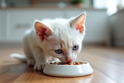 Chaton bengal blanc aux yeux bleus dans une cuisine moderne