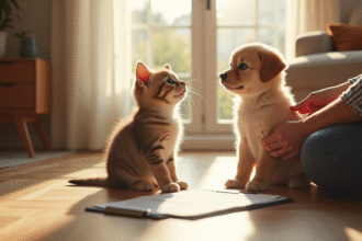 Chaton et chiot assis sur le sol ensoleille dans un salon