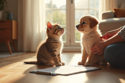 Chaton et chiot assis sur le sol ensoleille dans un salon